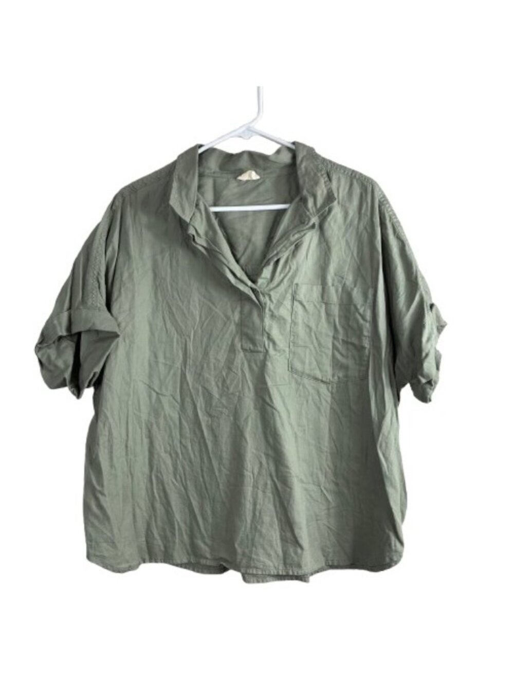 Pact Organic Cotton Popover Blouse XL Sage Green Short Sleeve Minimalist - Picture 2 of 7